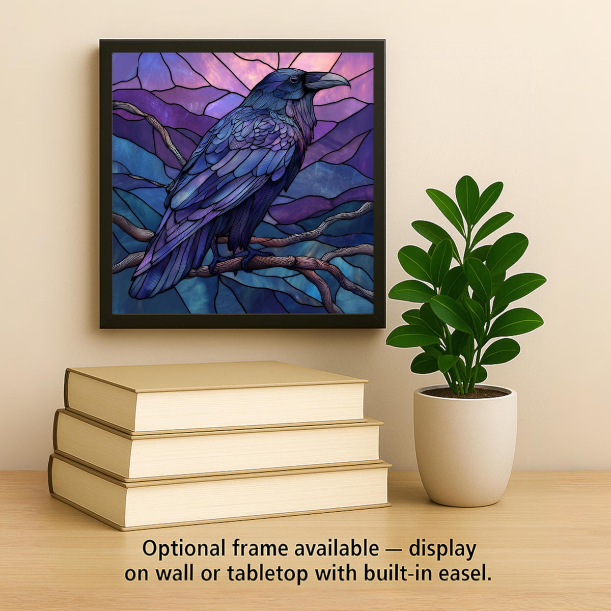 Stained glass-style raven ceramic tile wall art showing a raven perched on a branch against a purple and blue glowing background. A permanent high-resolution ceramic print designed to resemble stained glass, not made of glass or mosaic. Ideal for gothic home decor, mystical wall art, or an enchanted fantasy gift. Optional wall hanger, easel stand, cork backing, and premium frame available.