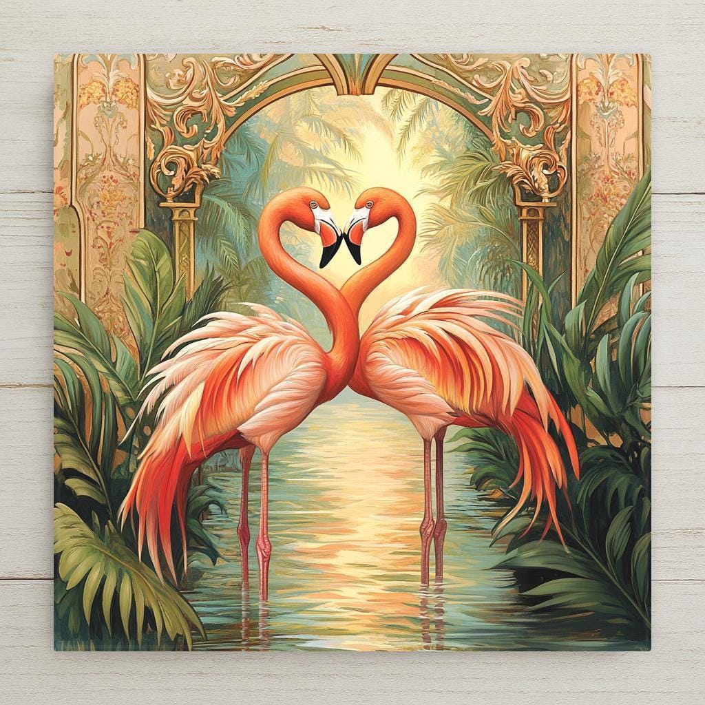 This romantic Art Nouveau ceramic tile features two pink flamingos forming a heart amid tropical foliage and ornate gold arches. Perfect home decor for bold, lush wall décor.