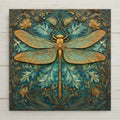 Art Nouveau dragonfly ceramic tile featuring a gold dragonfly with detailed wings over a teal background filled with flowing botanical leaves and floral patterns. Square nature-inspired wall decor with ornate linework and a vintage botanical illustration style.