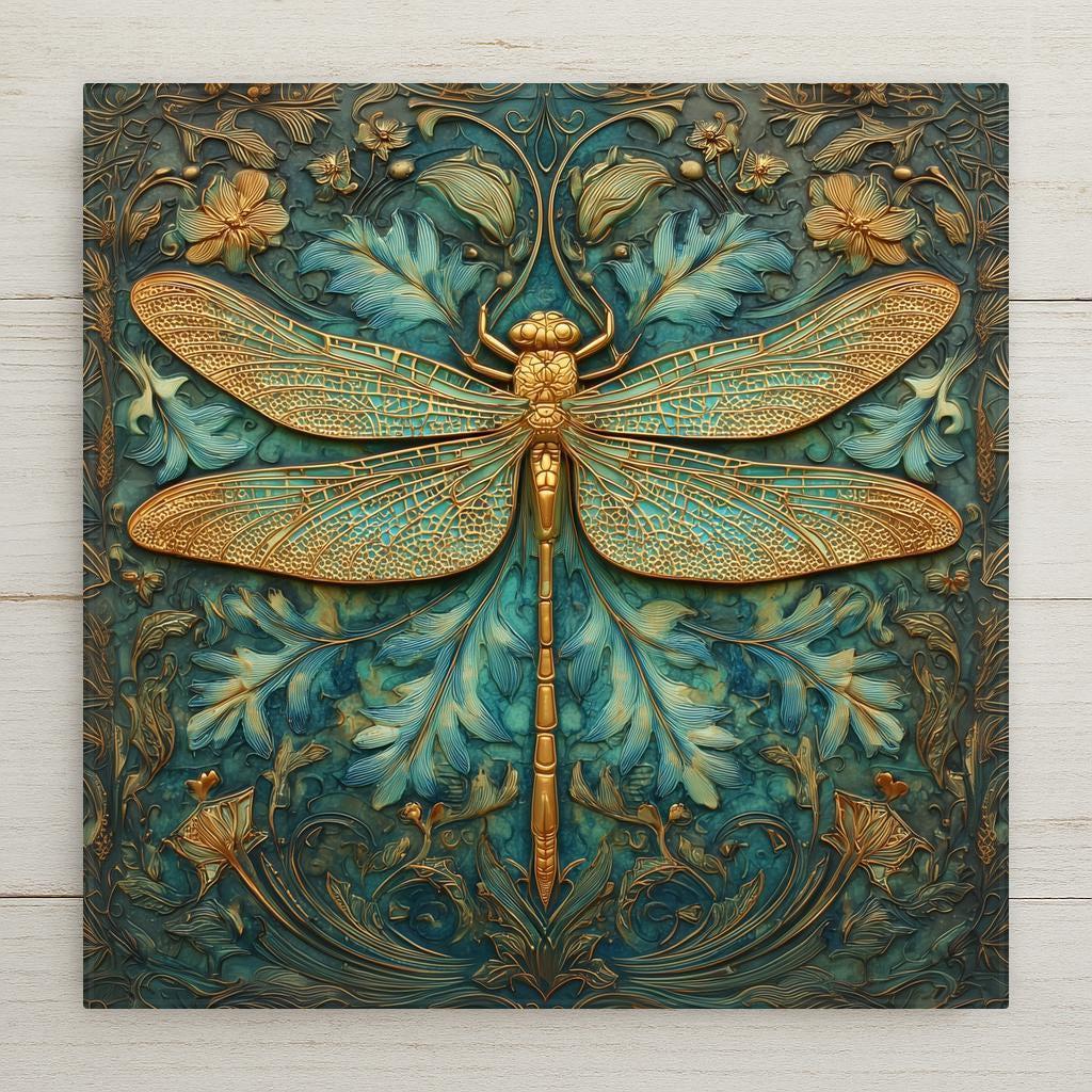 Art Nouveau dragonfly ceramic tile featuring a gold dragonfly with detailed wings over a teal background filled with flowing botanical leaves and floral patterns. Square nature-inspired wall decor with ornate linework and a vintage botanical illustration style.