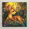 Woodland-inspired Fawn Ceramic Tile Wall Art in a stained-glass style. Warm, glowing colors and peaceful forest detail make this perfect for rustic and nature décor. Optional tile wall hanger, easel tile stand, cork backing, and premium frame available. Permanent print on ceramic tile, not actual stained glass.