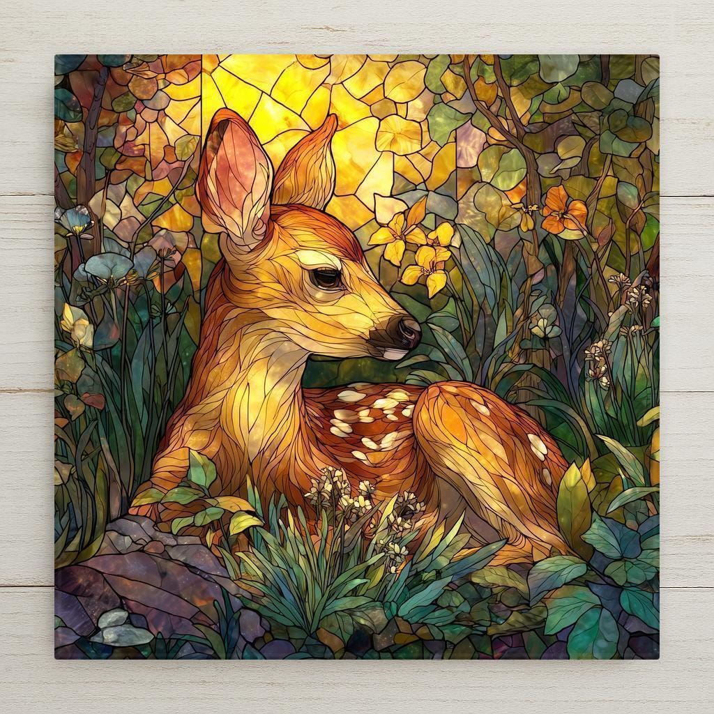 Woodland-inspired Fawn Ceramic Tile Wall Art in a stained-glass style. Warm, glowing colors and peaceful forest detail make this perfect for rustic and nature décor. Optional tile wall hanger, easel tile stand, cork backing, and premium frame available. Permanent print on ceramic tile, not actual stained glass.