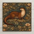 Arts and Crafts style ceramic tile featuring a river otter surrounded by flowing botanical foliage and decorative forest flowers inspired by William Morris patterns.