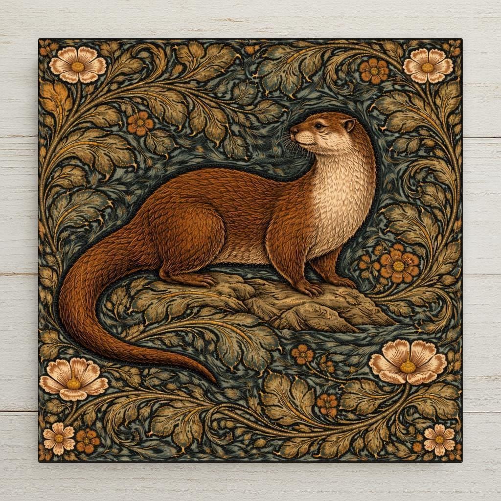 Arts and Crafts style ceramic tile featuring a river otter surrounded by flowing botanical foliage and decorative forest flowers inspired by William Morris patterns.