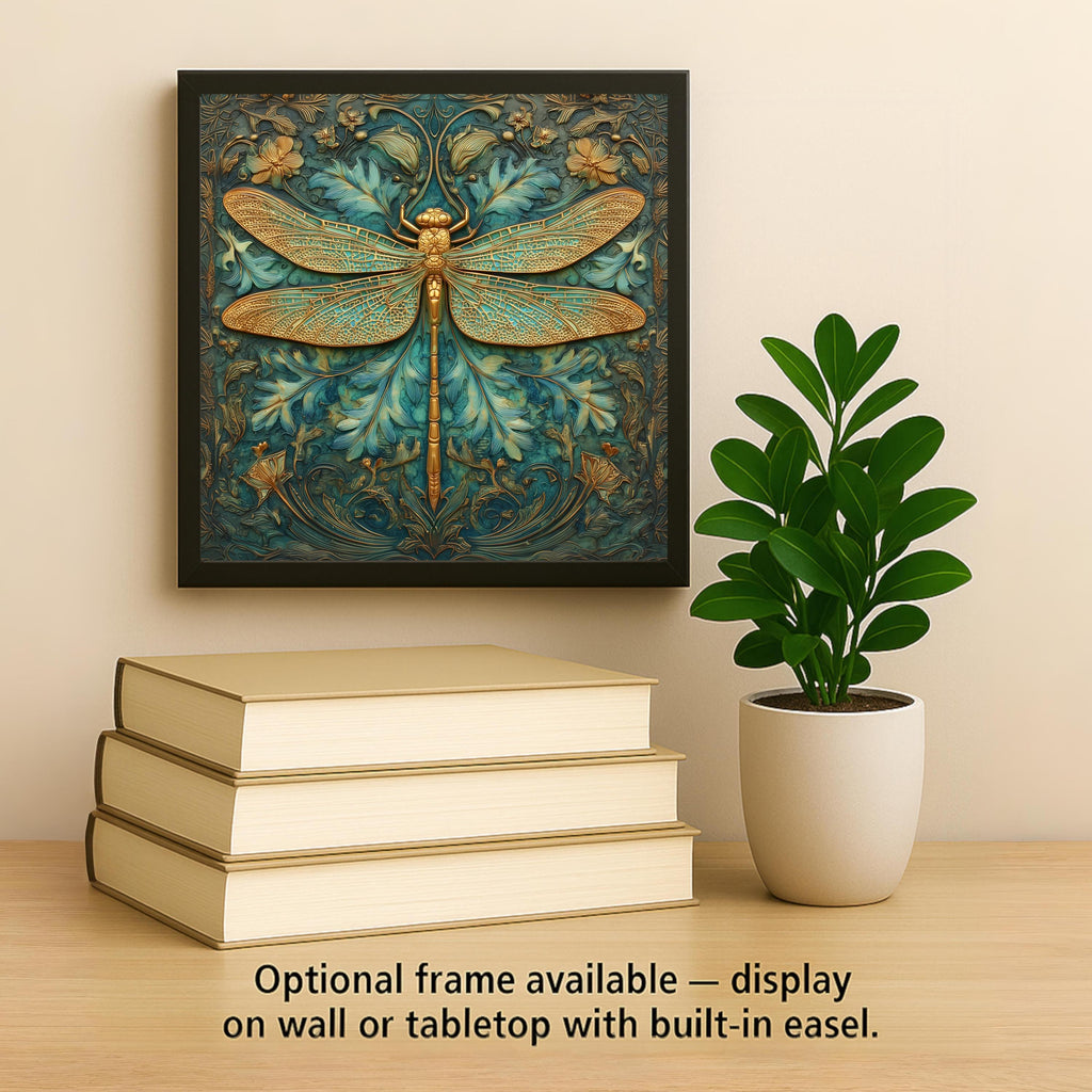 Dragonfly Wall Art Ceramic Tile Stained Glass Style Art Nouveau Memorial Gift Nature Decor Teal Gold