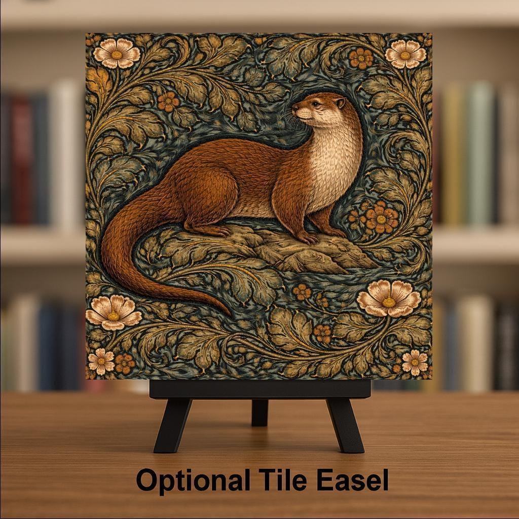Otter Ceramic Tile Wall Art William Morris Style Woodland Animal Decor, Rustic Cabin Wall Art, Otter Lover Gift