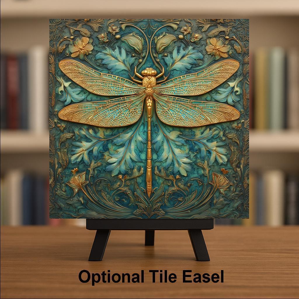 Dragonfly Wall Art Ceramic Tile Stained Glass Style Art Nouveau Memorial Gift Nature Decor Teal Gold