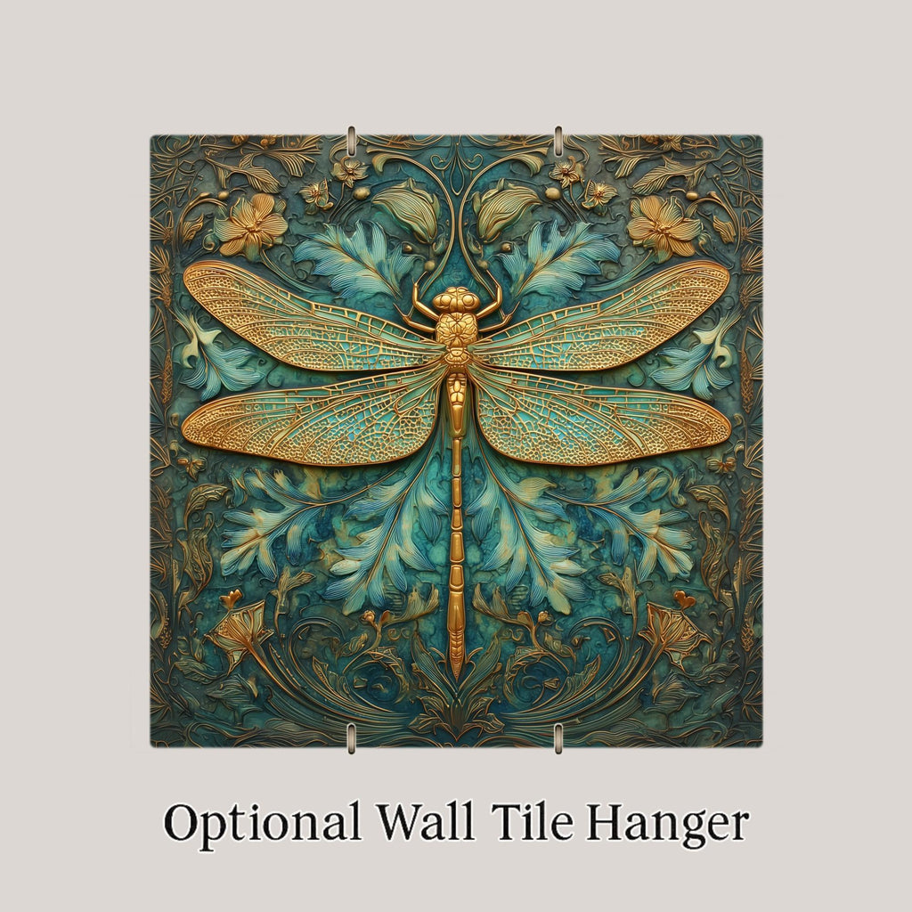 Dragonfly Wall Art Ceramic Tile Stained Glass Style Art Nouveau Memorial Gift Nature Decor Teal Gold