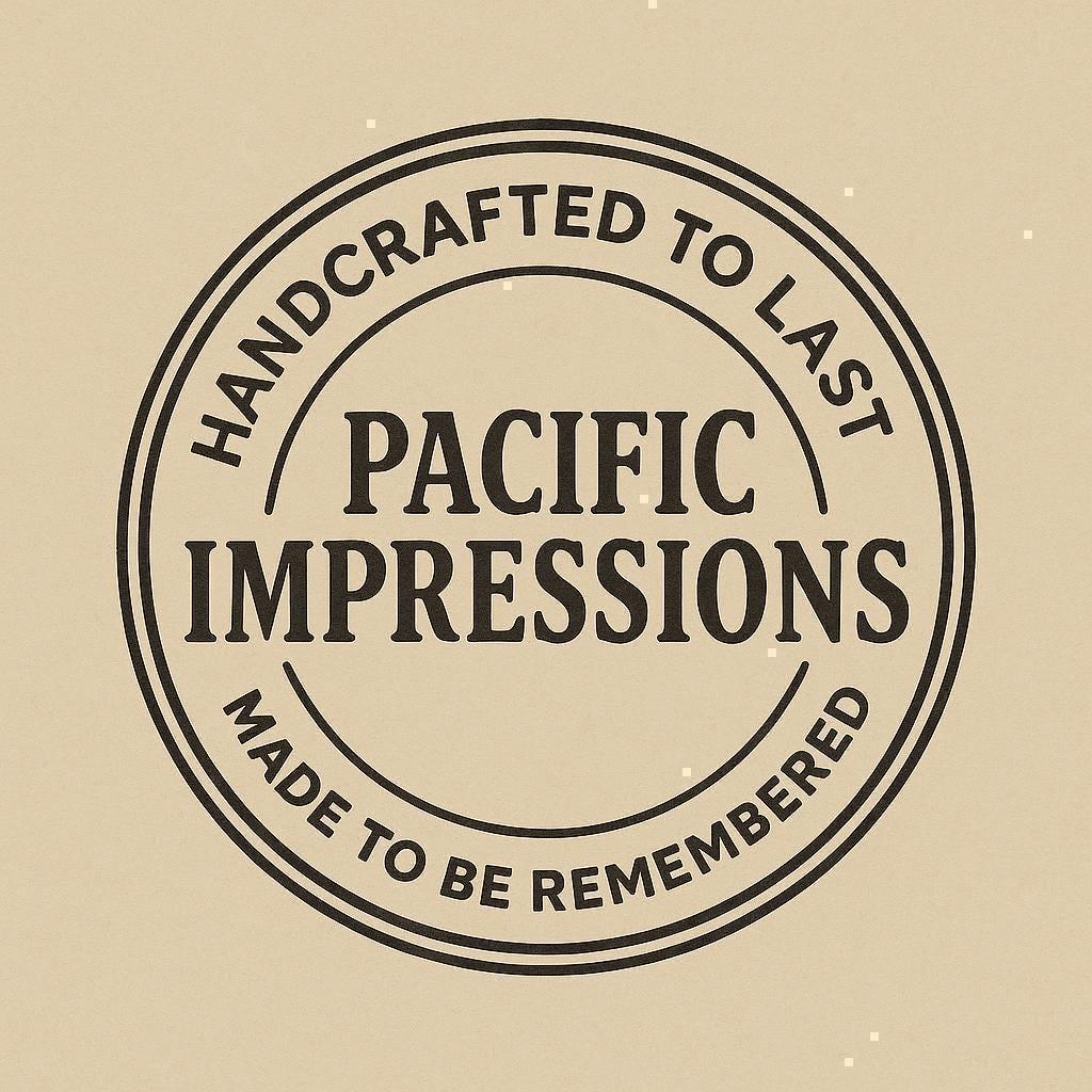 A black and white circular logo with the text "HANDCRAFTED TO LAST" and "PACIFIC IMPRESSIONS" inside it.