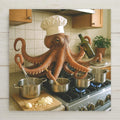 Funny octopus chef ceramic tile wall art showing a photorealistic octopus in a white chef hat cooking at a kitchen stove, tentacles stirring pots and holding a wine bottle, whimsical kitchen decor