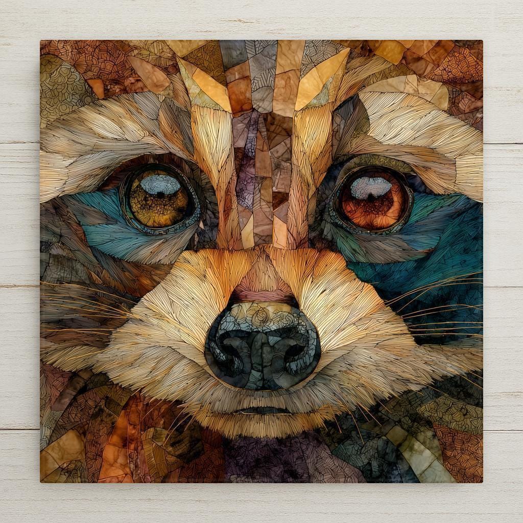 Stained glass style raccoon decorative tile featuring a detailed wildlife portrait with layered earth tones, warm browns, soft creams, and deep blue accents. Printed on glossy ceramic, this woodland animal art tile highlights expressive eyes and fine mosaic linework, making it ideal for rustic cabin decor, nature inspired interiors, or wildlife wall art collections.