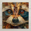 Stained glass style raccoon decorative tile featuring a detailed wildlife portrait with layered earth tones, warm browns, soft creams, and deep blue accents. Printed on glossy ceramic, this woodland animal art tile highlights expressive eyes and fine mosaic linework, making it ideal for rustic cabin decor, nature inspired interiors, or wildlife wall art collections.