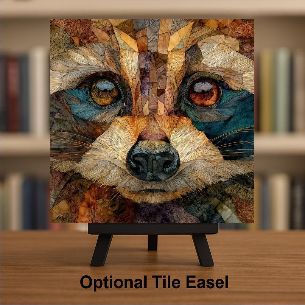 Raccoon Ceramic Tile Woodland Animal Wall Art Stained Glass Style Nature Inspired Rustic Cabin Decor Wildlife Portrait Decorative Tile