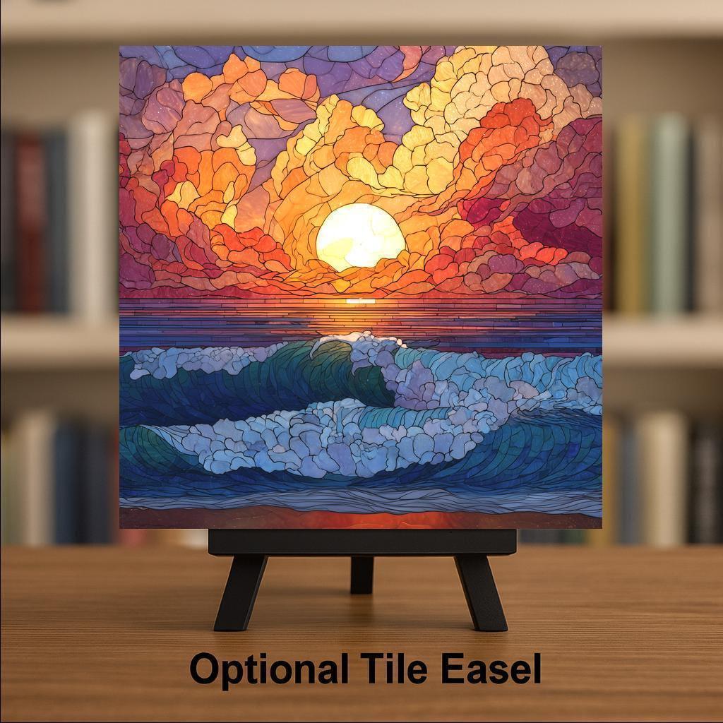 Ocean Sunset Stained Glass Style Ceramic Art Tile – Bold Coastal Wave Wall Decor, Beach House Nautical Gift