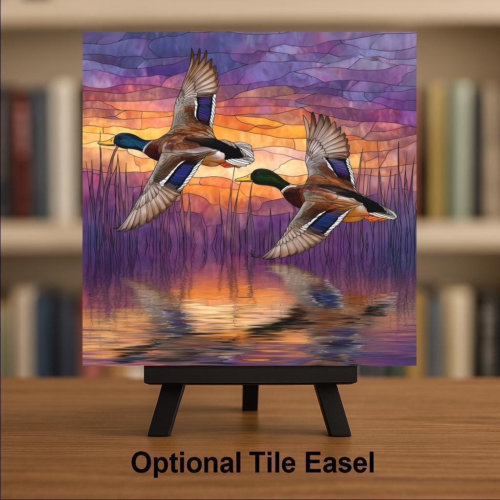 Mallard Duck Ceramic Tile Wall Art Stained Glass Style Waterfowl Birdwatcher Lake House Nature Decor