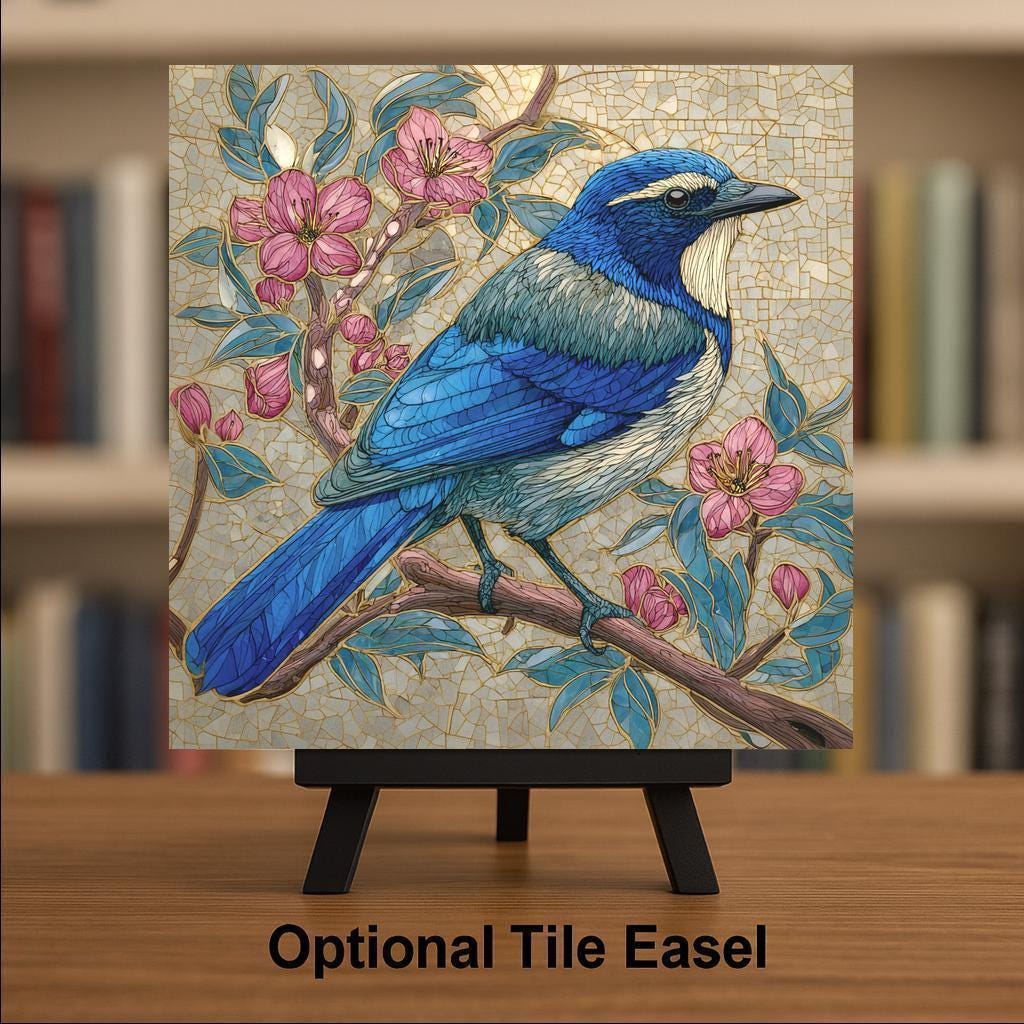 California Scrub Jay Wall Art Ceramic Tile Birdwatcher Gift Stained Glass Style Decor Western Bird Art Jay Lover Gift Tile