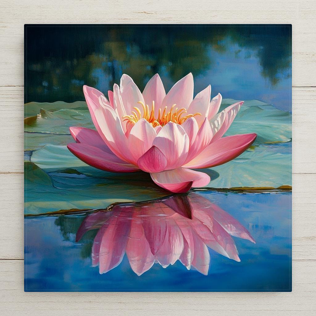 Let this lotus tile transform your space into a sanctuary. The hyper-realistic painting of a blooming lotus flower against the stillness of a pond brings to mind themes of inner peace, clarity, and spiritual awakening. The detailed brushwork and luminous color tones mirror traditional Asian water garden aesthetics. Use it to enhance your zen decor, or gift it as a heartfelt symbol of new beginnings.