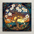 Celebrate renewal with this Tree of Life ceramic tile art! Inspired by stained glass, it features a golden tree with white blossoms and a glowing sunset. Though it looks like stained glass, it’s a permanent ceramic print. Optional add-ons: tile wall hanger, easel tile stand, cork backing. A spiritual gift or decor piece!