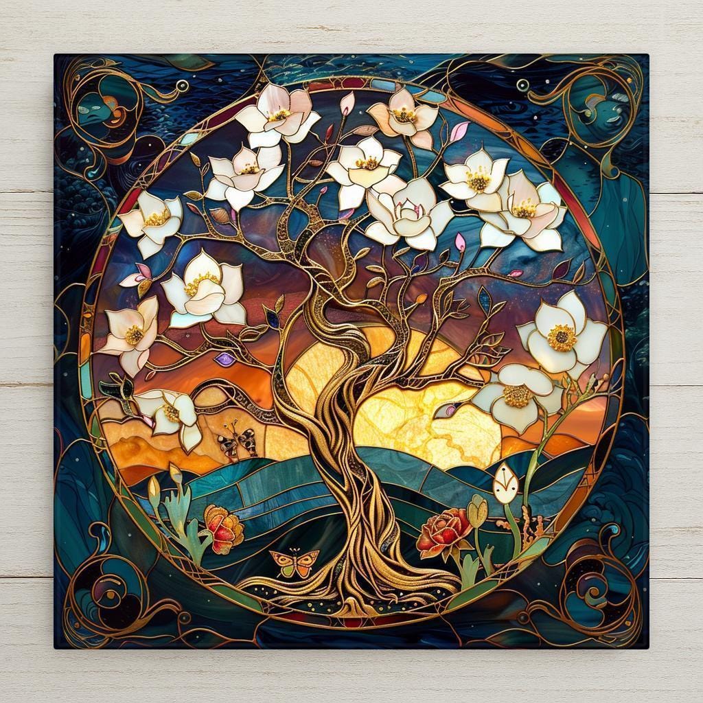 Celebrate renewal with this Tree of Life ceramic tile art! Inspired by stained glass, it features a golden tree with white blossoms and a glowing sunset. Though it looks like stained glass, it’s a permanent ceramic print. Optional add-ons: tile wall hanger, easel tile stand, cork backing. A spiritual gift or decor piece!