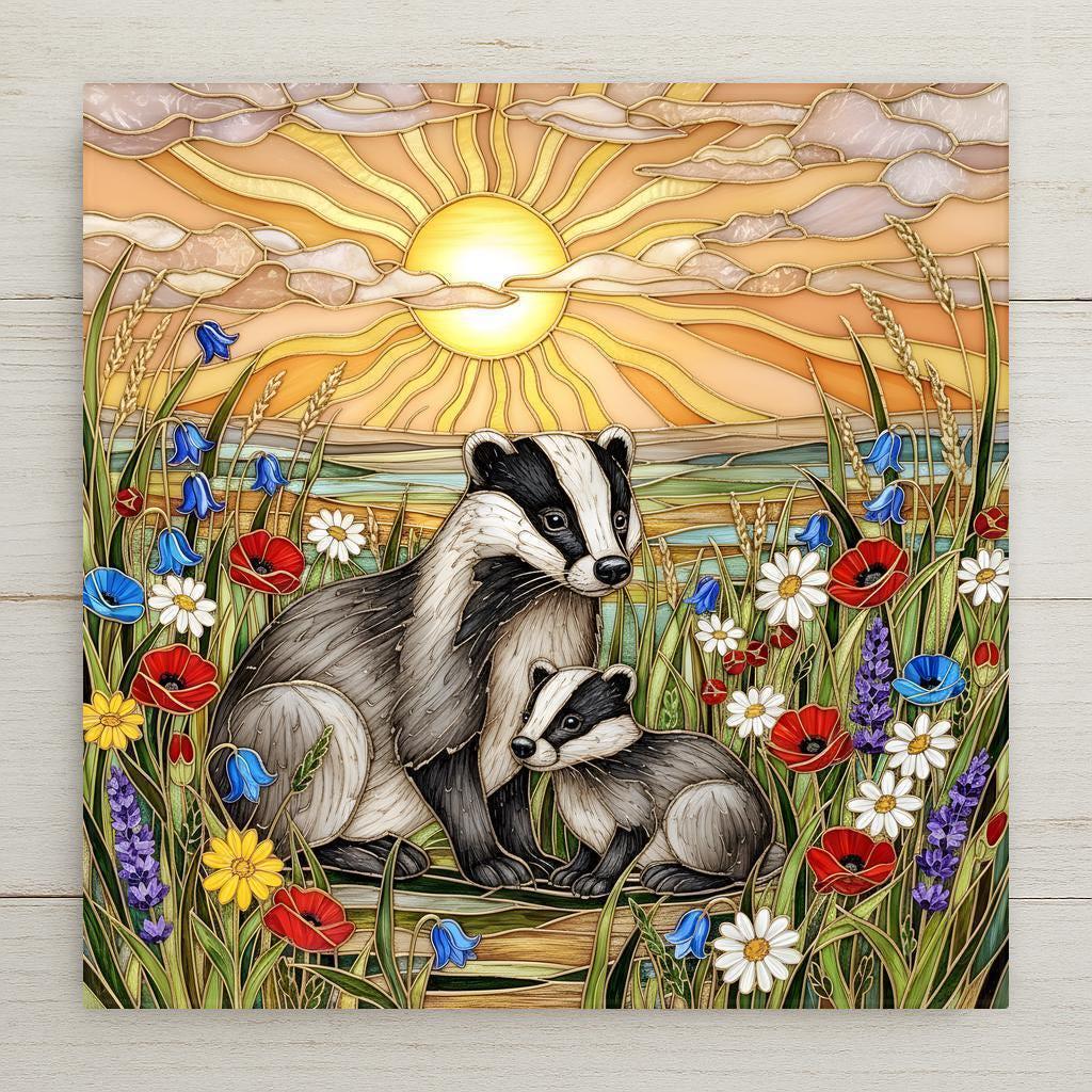 Stained glass style ceramic art tile of a mother badger and baby badger in a wildflower meadow of poppies daisies and lavender at sunrise, woodland nursery and baby shower decor.