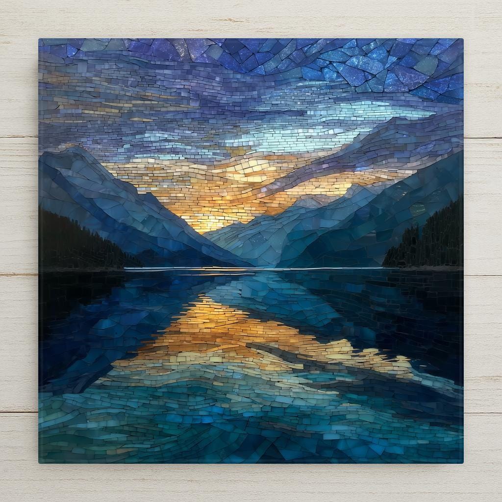 Ross Lake ceramic tile wall art featuring a mountain lake reflection in the North Cascades. Stained glass style landscape inspired by Ross Lake in North Cascades National Park, Washington. Smooth ceramic tile with optional wall hanger, easel stand, cork backing, or premium frame.