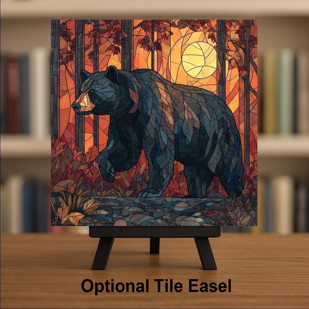 Bear Ceramic Art Tile – Stained Glass Style Wildlife Forest Wall Decor, Rustic Cabin Nature Gift