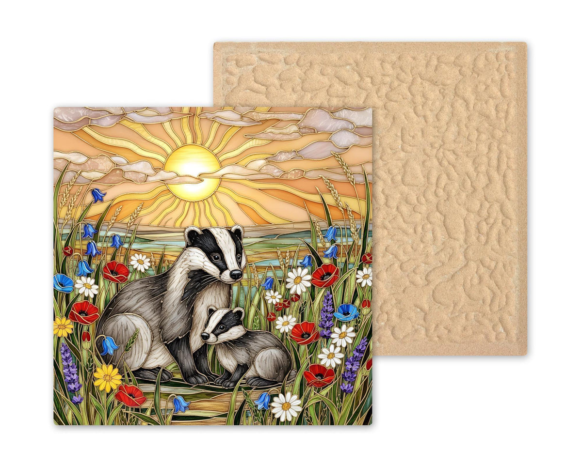 Mother and Baby Badger Stained Glass Style Ceramic Art Tile – Woodland Nursery Wall Decor, New Mom Keepsake