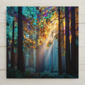 Redwoods stained glass-style ceramic tile wall art captures sunlight filtering through towering trees. Perfect wall art and home decor accent. Choose from tile wall hanger, easel stand, cork backing, or premium frame for wall or tabletop display. (Printed artwork — not real stained glass or mosaic.)