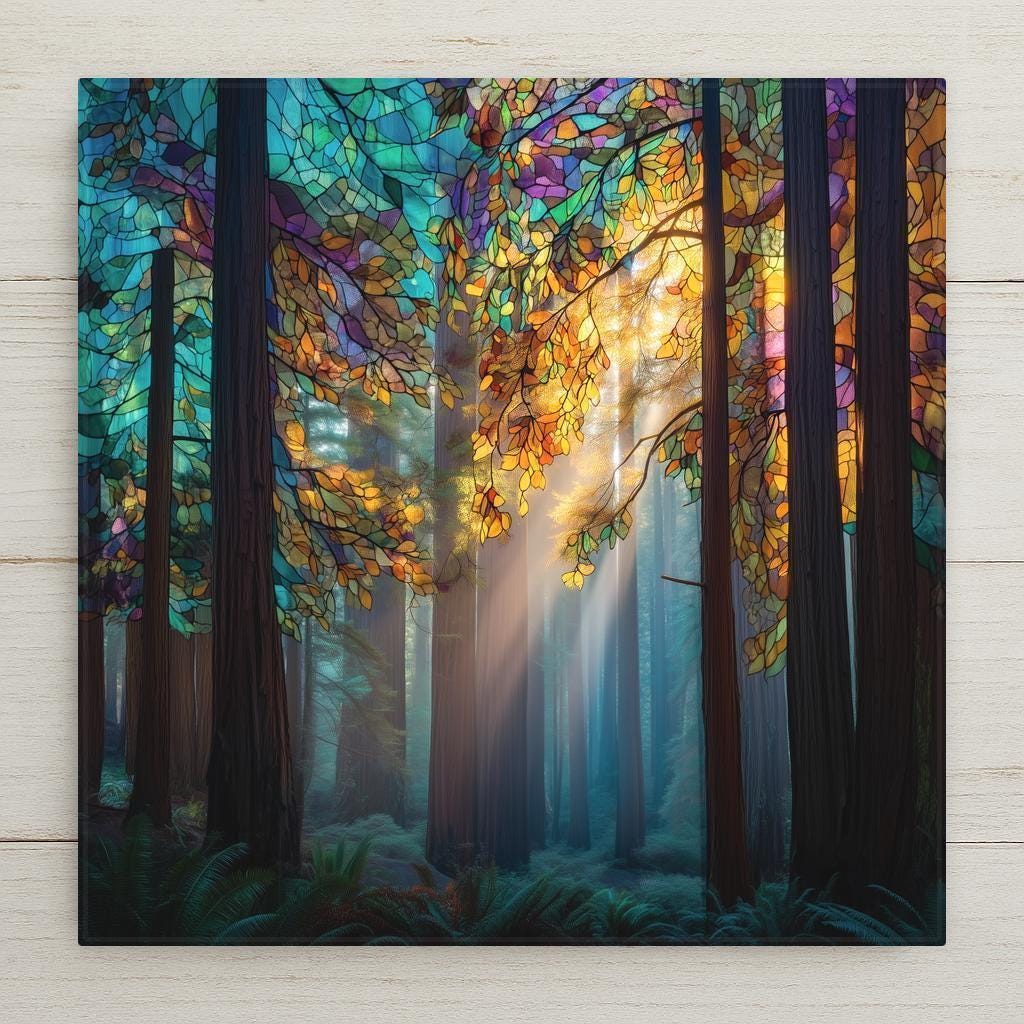 Redwoods stained glass-style ceramic tile wall art captures sunlight filtering through towering trees. Perfect wall art and home decor accent. Choose from tile wall hanger, easel stand, cork backing, or premium frame for wall or tabletop display. (Printed artwork — not real stained glass or mosaic.)