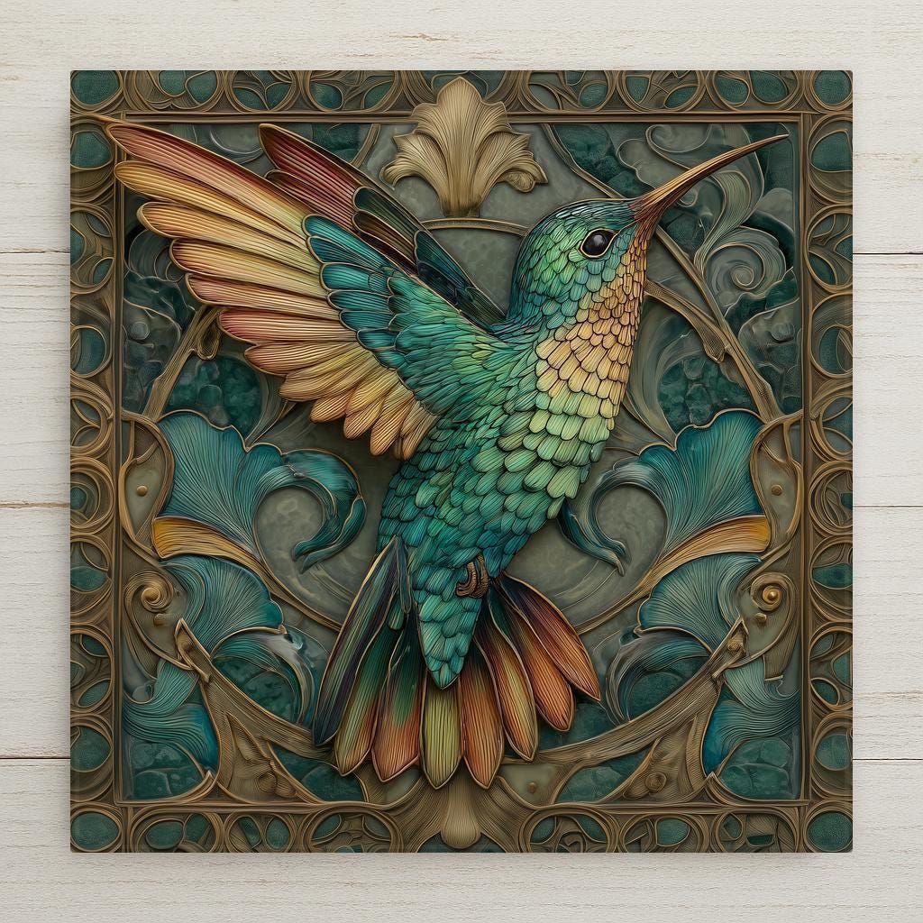 Art Nouveau hummingbird ceramic tile featuring a teal and gold hummingbird with outstretched wings surrounded by ornate botanical leaves and flowing floral patterns. Square nature-inspired wall decor with detailed linework and a vintage botanical illustration style.