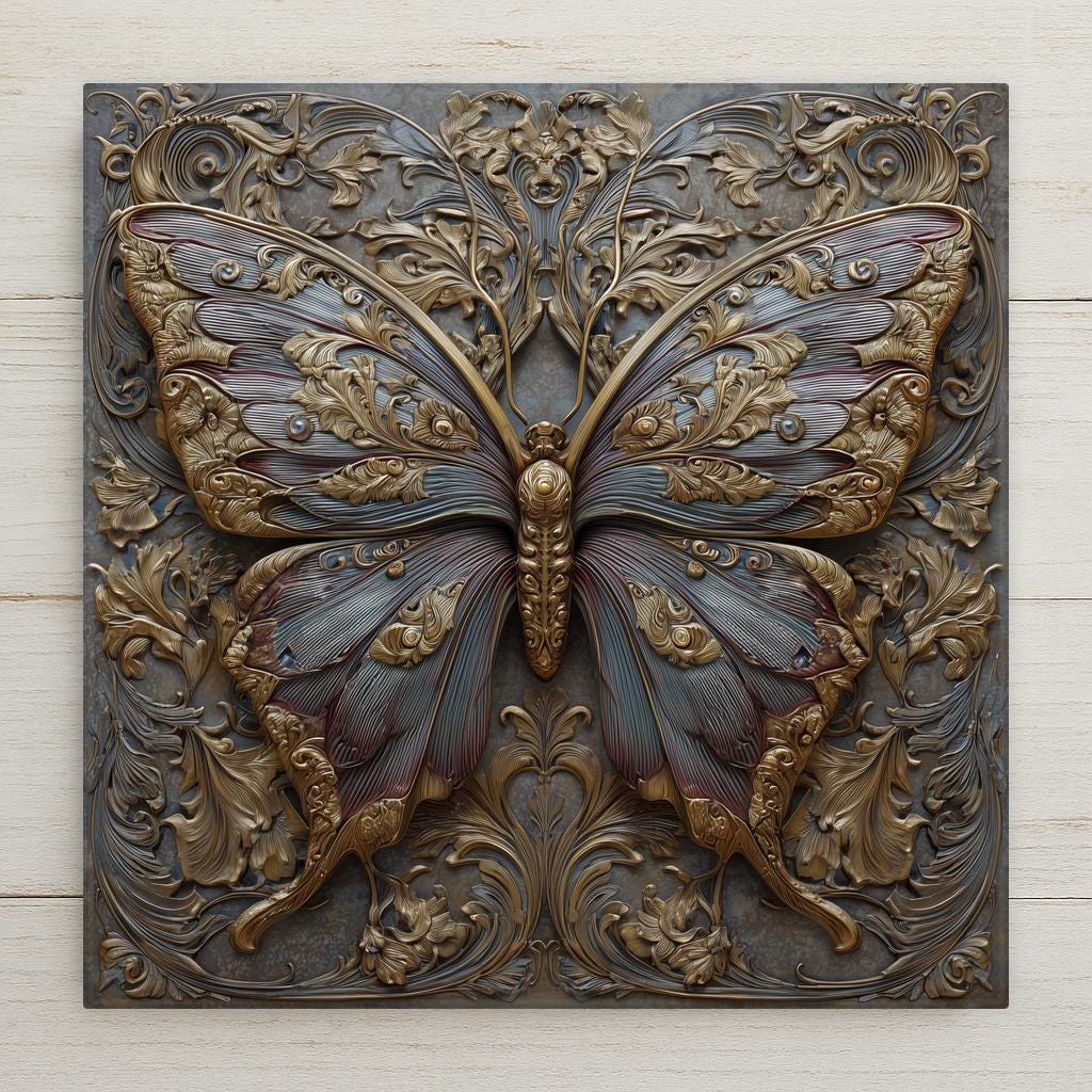 Art Nouveau butterfly ceramic tile wall art featuring an ornate butterfly with sculpted wings, flowing floral scrollwork, and bronze, gold, and blue tones in a stained glass style botanical design.