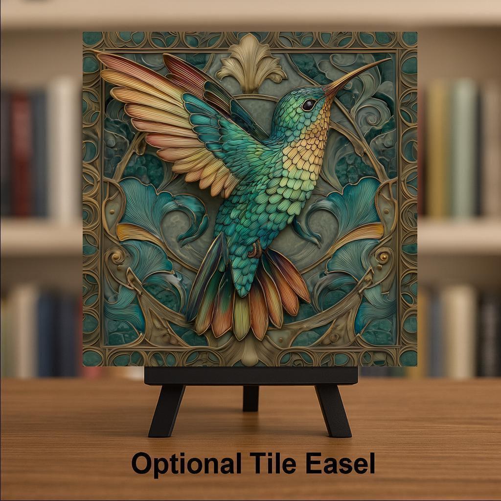 Hummingbird Ceramic Art Tile – Art Nouveau Style, William Morris, Teal Gold, Bird Lover Birdwatcher Botanical Gift