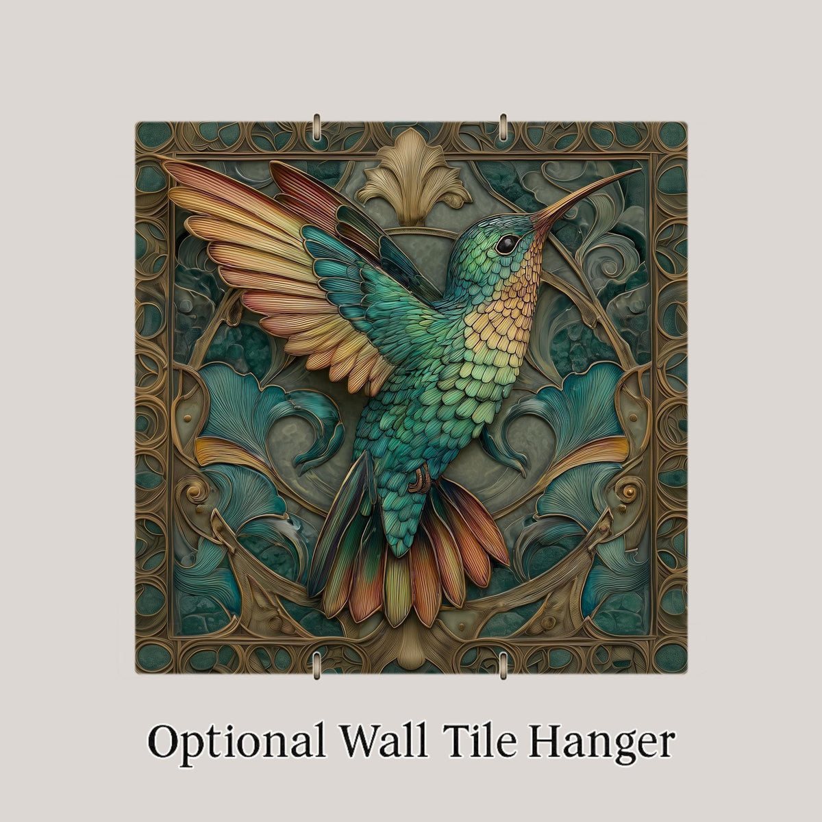 Hummingbird Ceramic Art Tile – Art Nouveau Style, William Morris, Teal Gold, Bird Lover Birdwatcher Botanical Gift