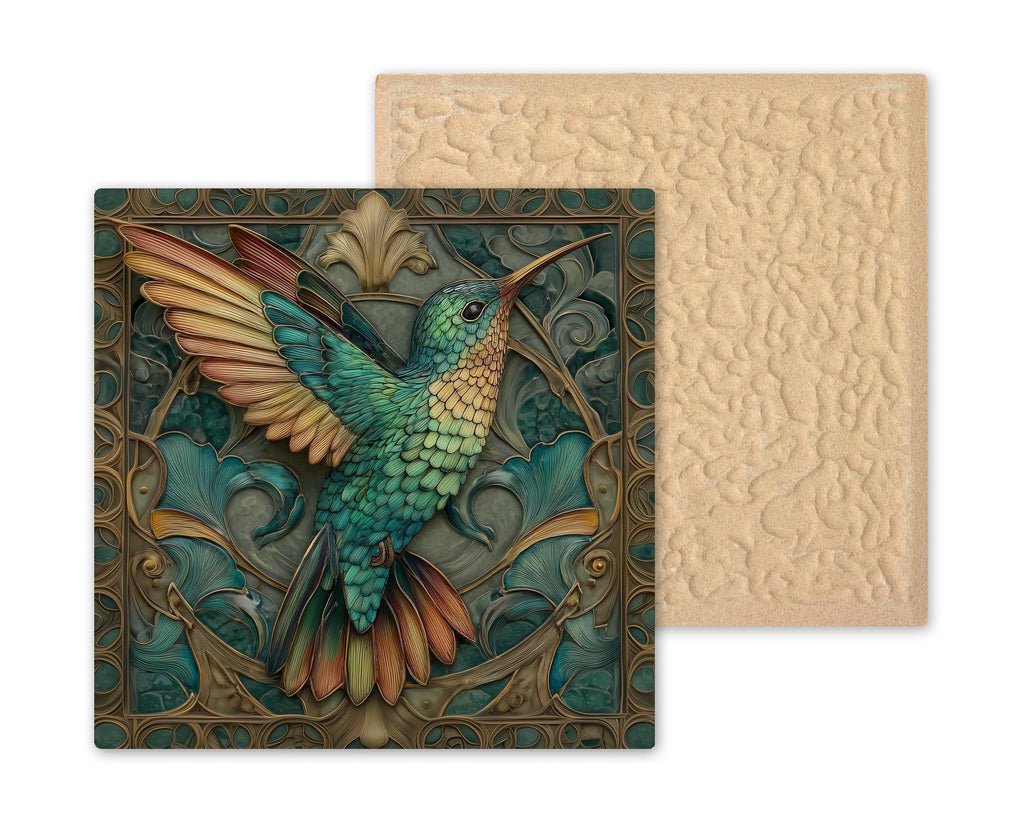 Hummingbird Ceramic Art Tile – Art Nouveau Style, William Morris, Teal Gold, Bird Lover Birdwatcher Botanical Gift