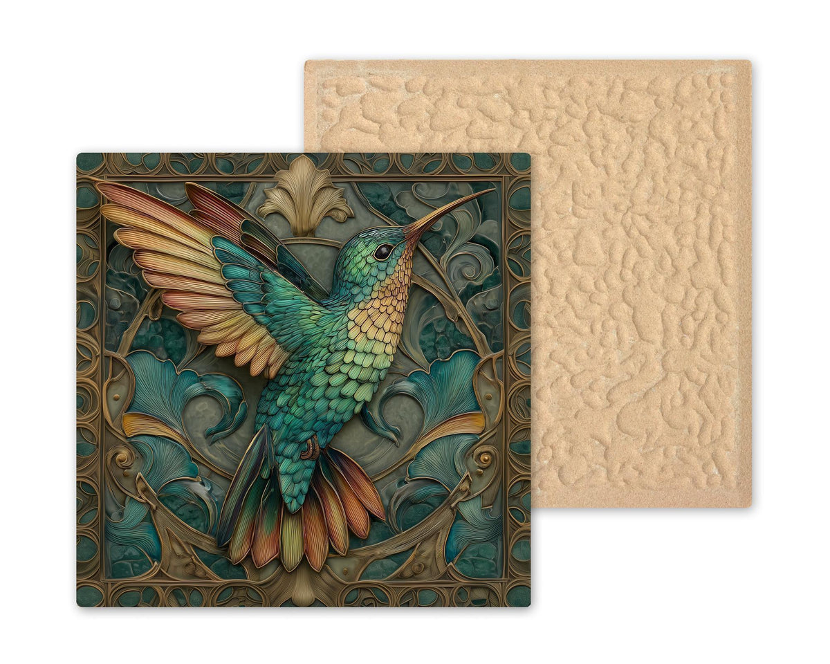 Hummingbird Ceramic Art Tile – Art Nouveau Style, William Morris, Teal Gold, Bird Lover Birdwatcher Botanical Gift
