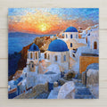 Ceramic tile wall art inspired by Santorini, Greece. This stained glass–style sunset scene features iconic blue-domed churches in Oia overlooking the Aegean Sea. A permanent print on tile, not real stained glass or mosaic. Ideal for Mediterranean home decor, coastal wall decor, and travel-inspired interiors. Optional tile wall hanger, easel tile stand, cork backing, or premium frame available.