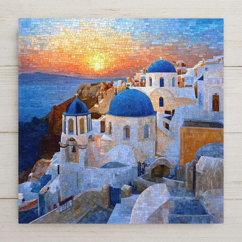 Ceramic tile wall art inspired by Santorini, Greece. This stained glass–style sunset scene features iconic blue-domed churches in Oia overlooking the Aegean Sea. A permanent print on tile, not real stained glass or mosaic. Ideal for Mediterranean home decor, coastal wall decor, and travel-inspired interiors. Optional tile wall hanger, easel tile stand, cork backing, or premium frame available.