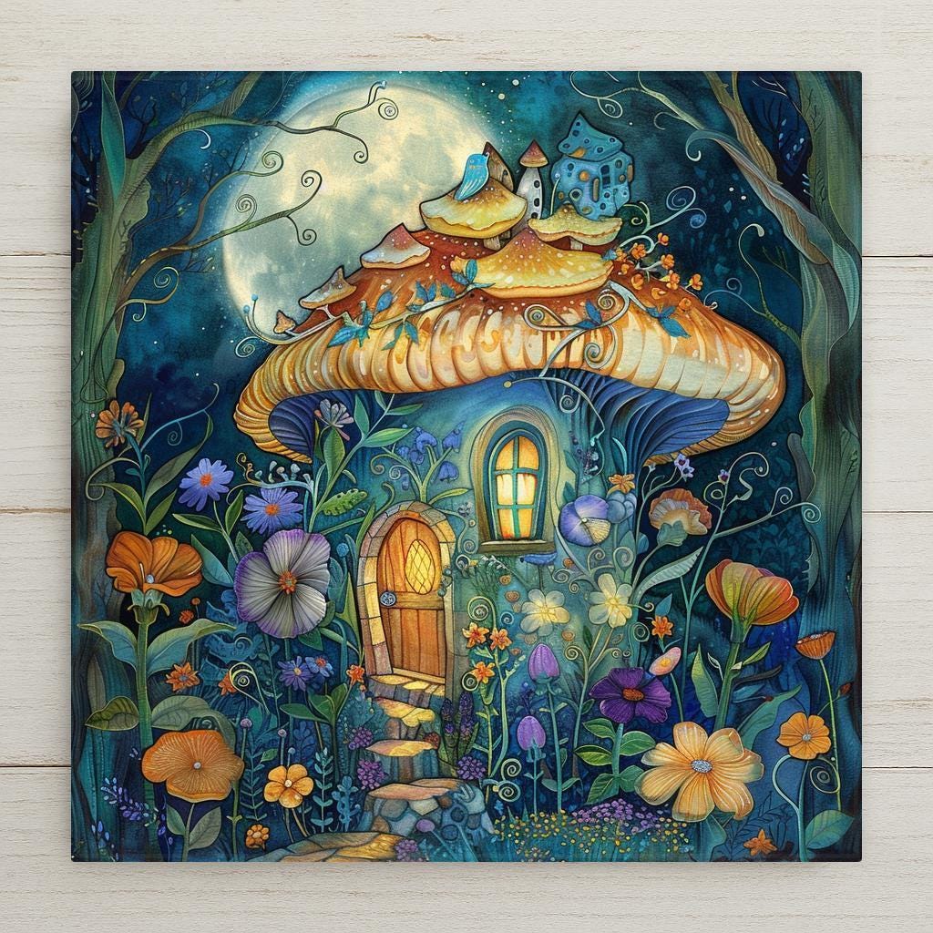 Bring fairy tale charm to your home with this mushroom fairy house ceramic tile art! Inspired by stained glass, it features a glowing moonlit cottage and colorful flowers. Though it looks like stained glass, it’s a permanent ceramic print. Optional add-ons: tile wall hanger, easel tile stand, cork backing. A magical gift or decor piece!