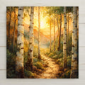 Birch forest wall art ceramic tile featuring tall white aspen trees framing a glowing golden sunset over layered mountains. A winding stone path leads through the forest. Warm earth tones and stained glass style details create a peaceful rustic decor look for cabin decor and nature home decor.