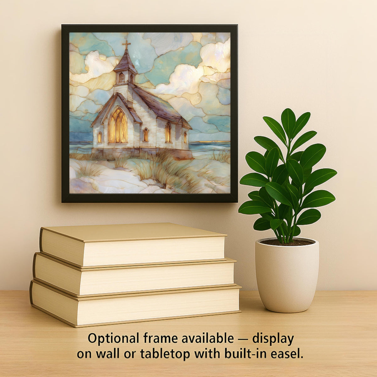 Coastal Church Ceramic Tile Wall Art – Stained Glass Style Seaside Chapel, Christian Coastal Home Decor, Faith Inspired Ocean Wall Decor