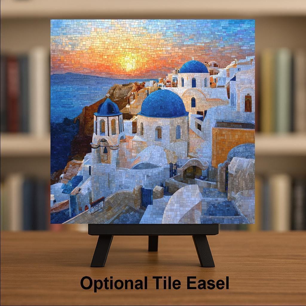 Santorini Wall Art Ceramic Tile Greece Gift Blue Dome Decor Mediterranean Coastal Wall Decor Travel Souvenir Accent Tile