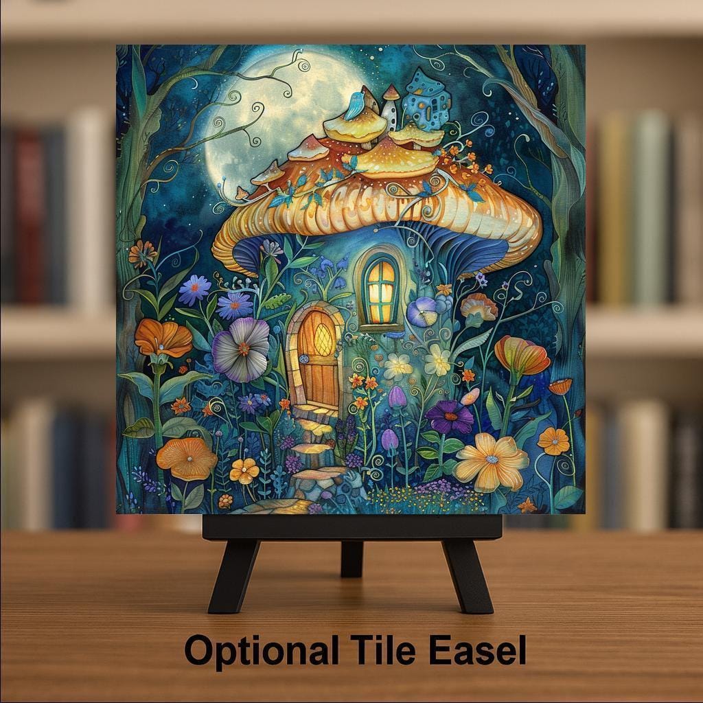 Mushroom Fairy House Stained Glass Style Ceramic Art Tile: Whimsical Wall Decor Cottagecore Gift Fantasy Home Decor Wall Art