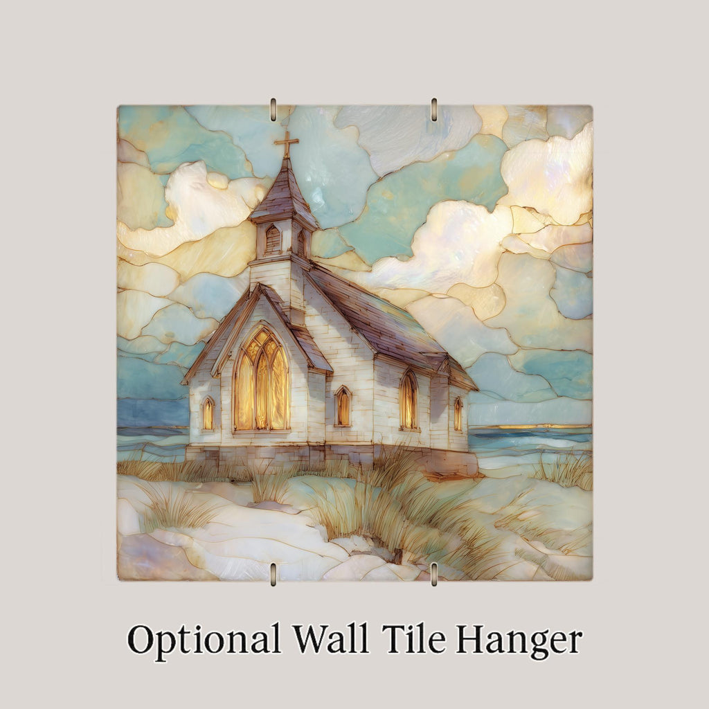 Coastal Church Ceramic Tile Wall Art – Stained Glass Style Seaside Chapel, Christian Coastal Home Decor, Faith Inspired Ocean Wall Decor