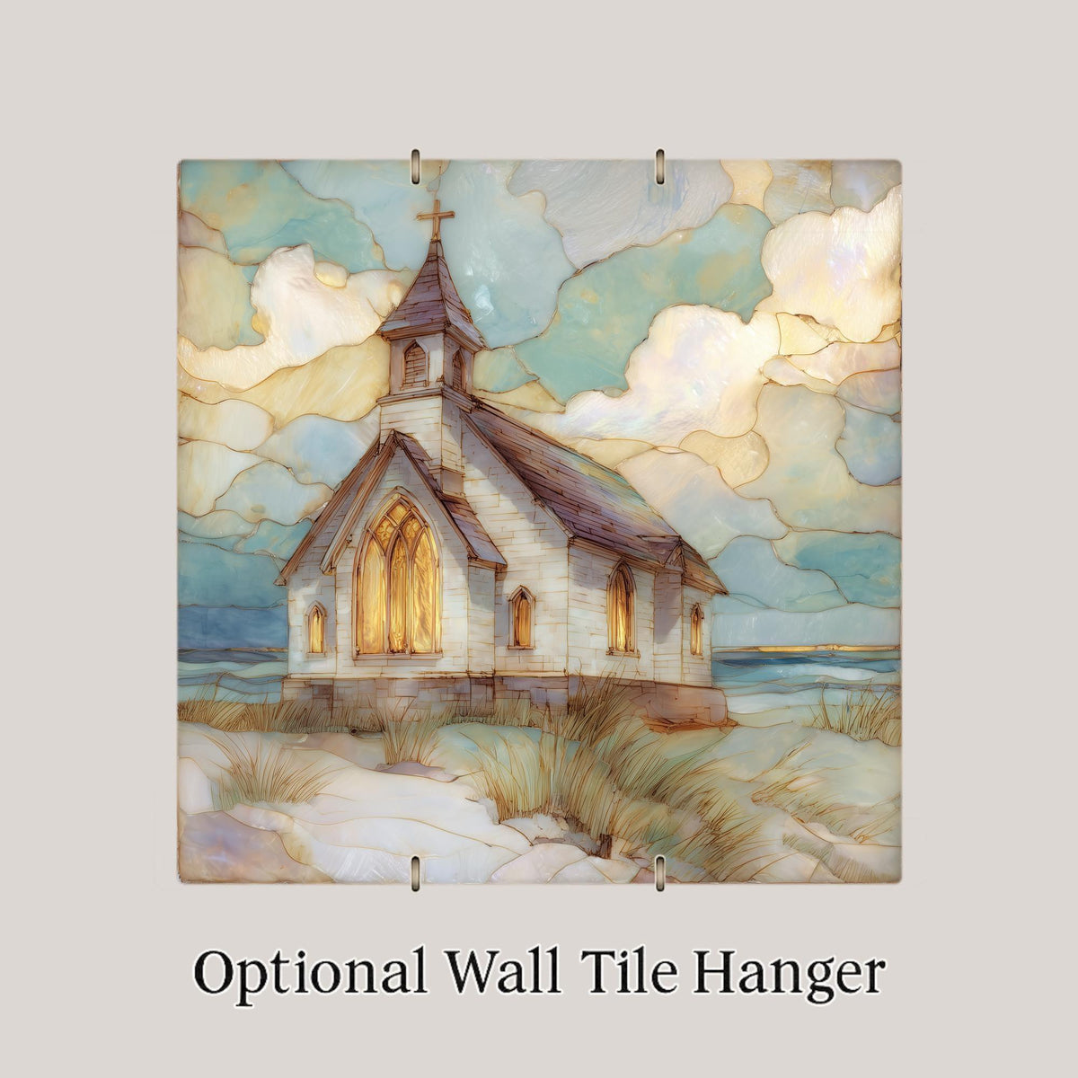 Coastal Church Ceramic Tile Wall Art – Stained Glass Style Seaside Chapel, Christian Coastal Home Decor, Faith Inspired Ocean Wall Decor