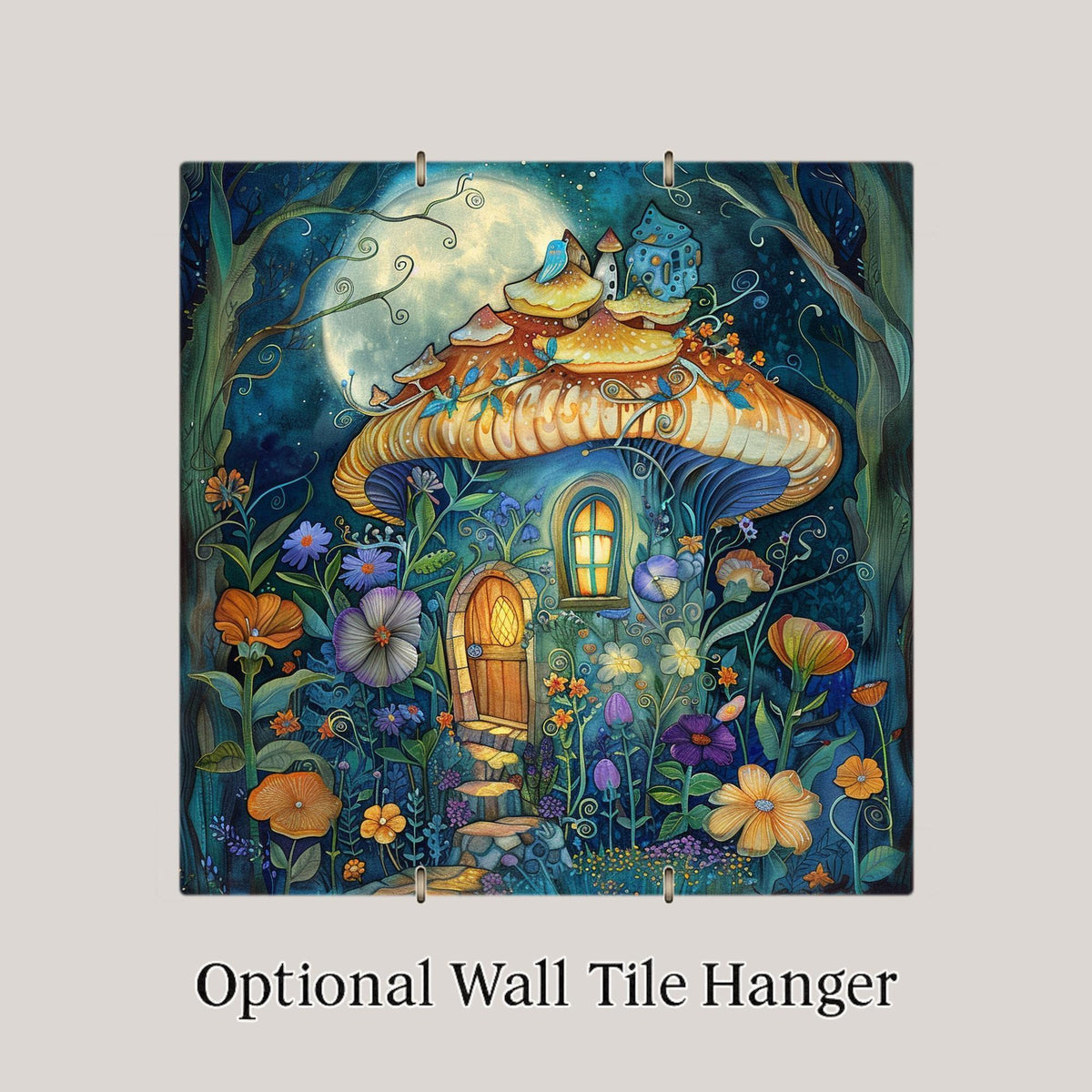 Mushroom Fairy House Stained Glass Style Ceramic Art Tile: Whimsical Wall Decor Cottagecore Gift Fantasy Home Decor Wall Art