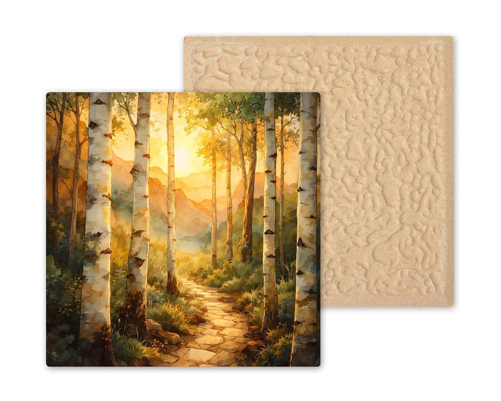 Birch Forest Ceramic Art Tile – Aspen Golden Sunset Wall Decor, Rustic Cabin Nature Lover Gift