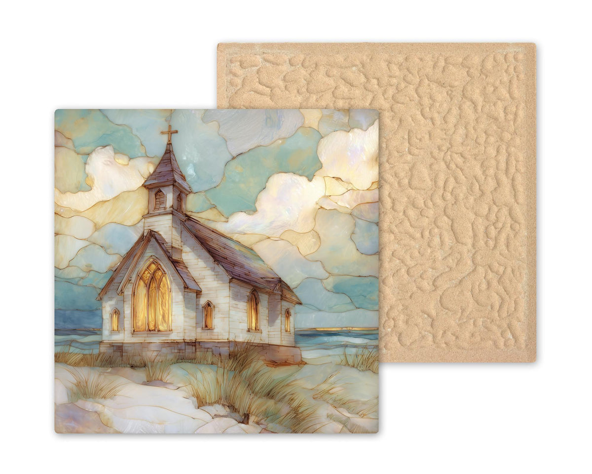 Coastal Church Ceramic Tile Wall Art – Stained Glass Style Seaside Chapel, Christian Coastal Home Decor, Faith Inspired Ocean Wall Decor