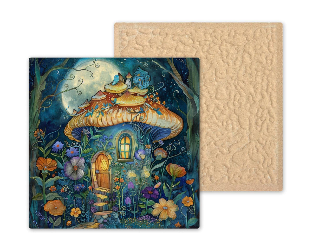 Mushroom Fairy House Stained Glass Style Ceramic Art Tile: Whimsical Wall Decor Cottagecore Gift Fantasy Home Decor Wall Art