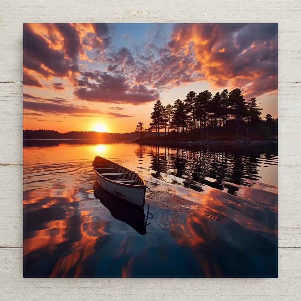 Watercolor-style ceramic tile with a canoe drifting on a glowing lake at sunset. Ideal for cabin or lakehouse décor, it radiates calm and natural beauty.