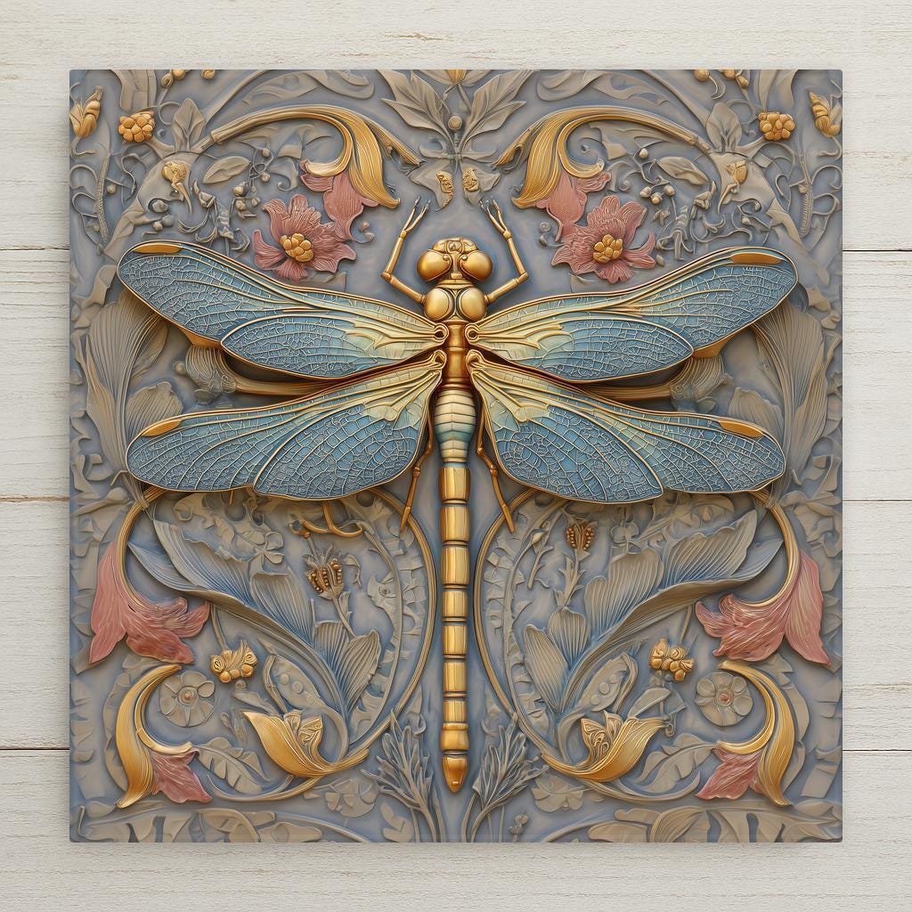 A symbolic Art Nouveau wall art ceramic tile featuring a detailed dragonfly with blue wings and gold accents surrounded by flowing floral patterns. This nature-inspired home decor piece represents balance and transformation. The artwork is a permanent print on ceramic tile, not real stained glass. Optional tile wall hanger, easel tile stand, cork backing, and premium frame options are available.